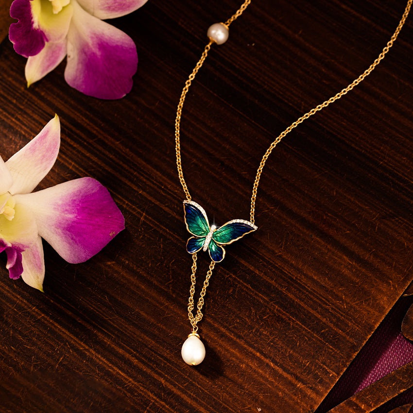 V-Drop Blue Butterfly Pearl Necklace