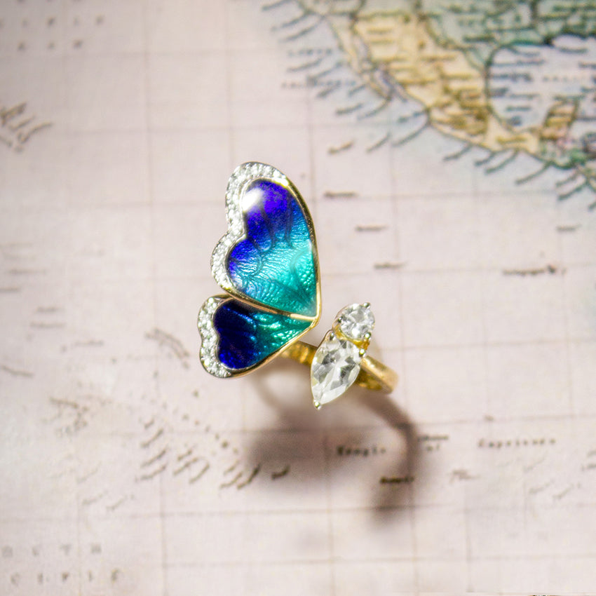 One Wing Blue Butterfly Diamond Ring
