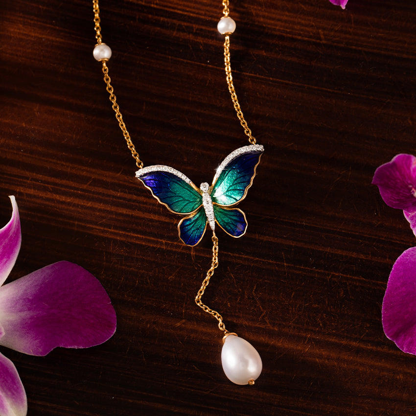 Flared Blue Butterfly Pearl Necklace