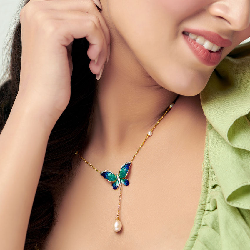 Flared Blue Butterfly Pearl Necklace