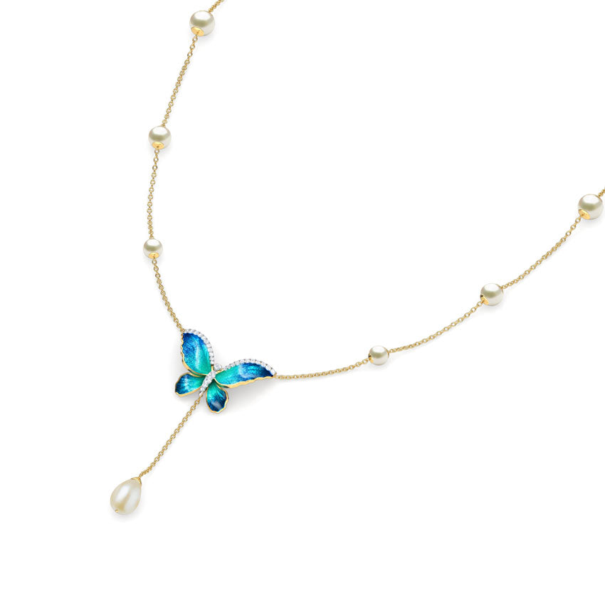 Flared Blue Butterfly Pearl Necklace