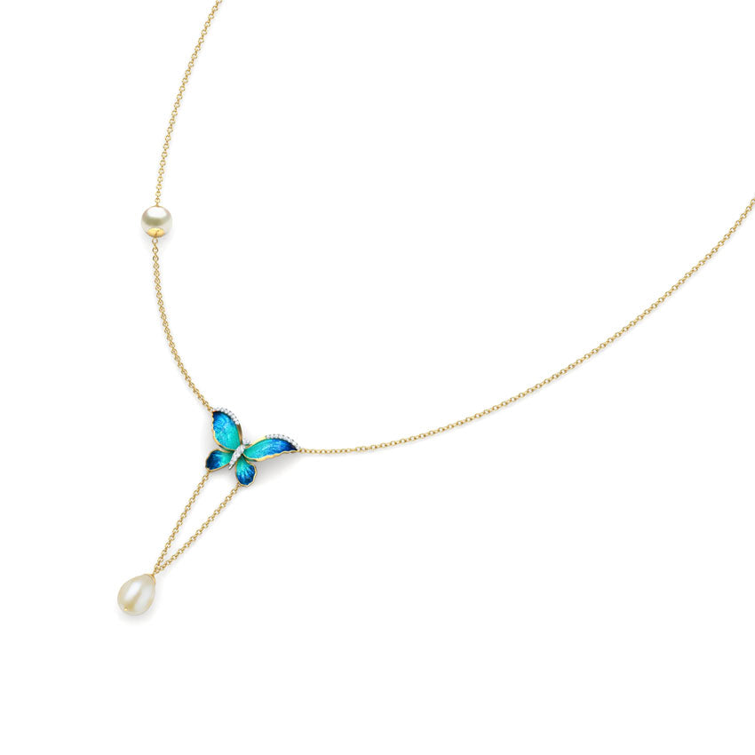 V-Drop Blue Butterfly Pearl Necklace