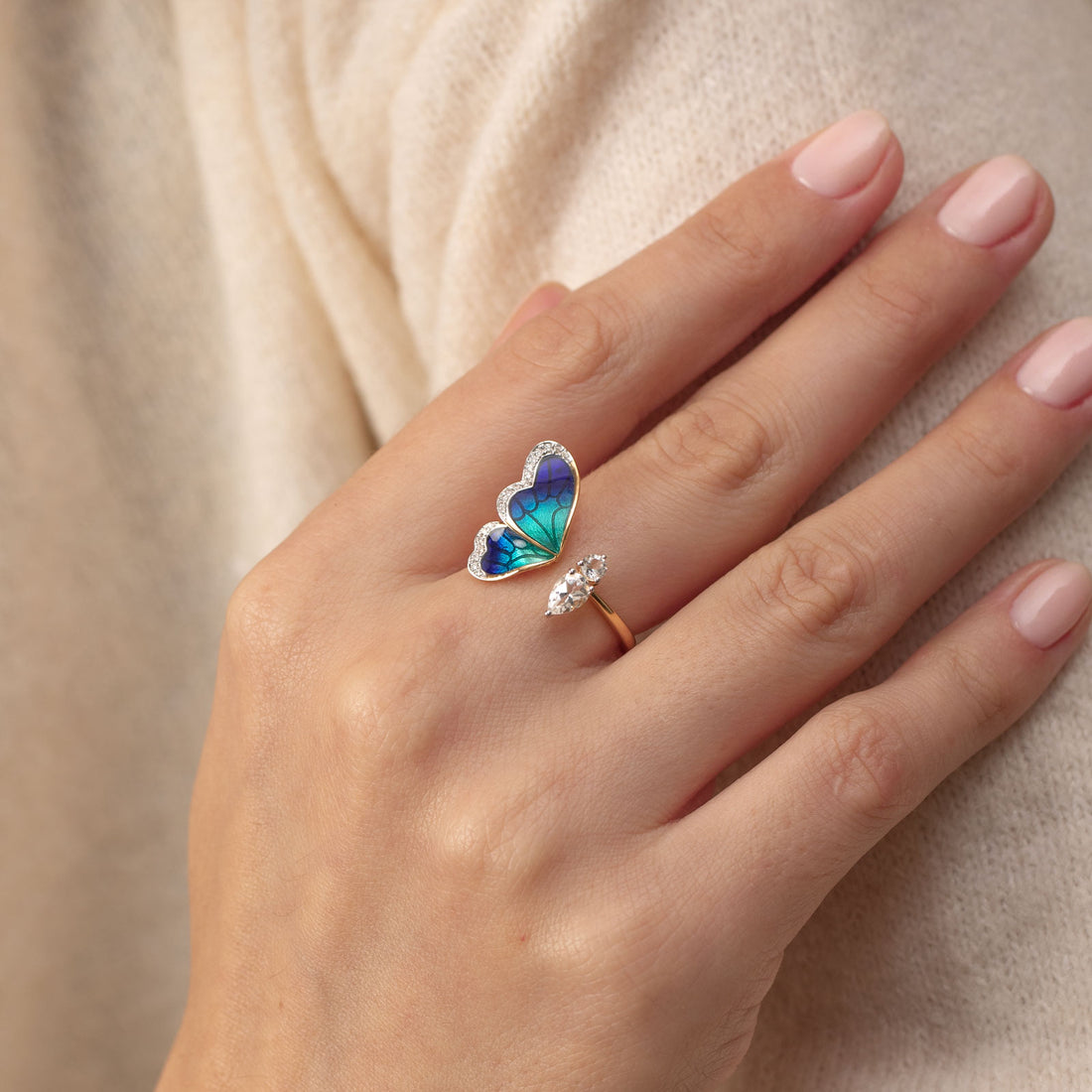 One Wing Blue Butterfly Diamond Ring